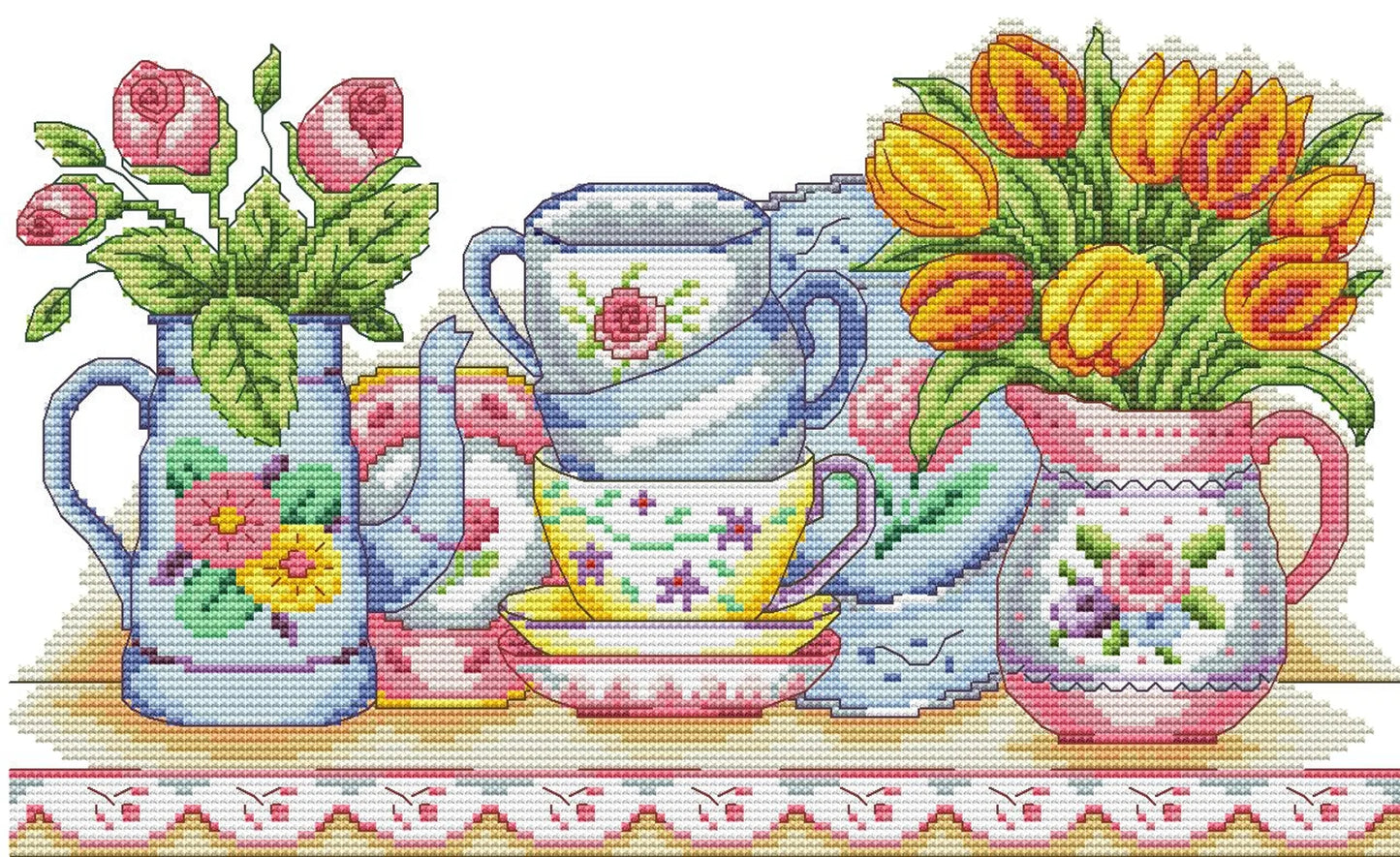 Tea service Cross Stitch Pattern Bouquet of spring flowers Kitchen Still Life Modern Decor Pattern Cups Napkins Embroidery Needlepoint chart