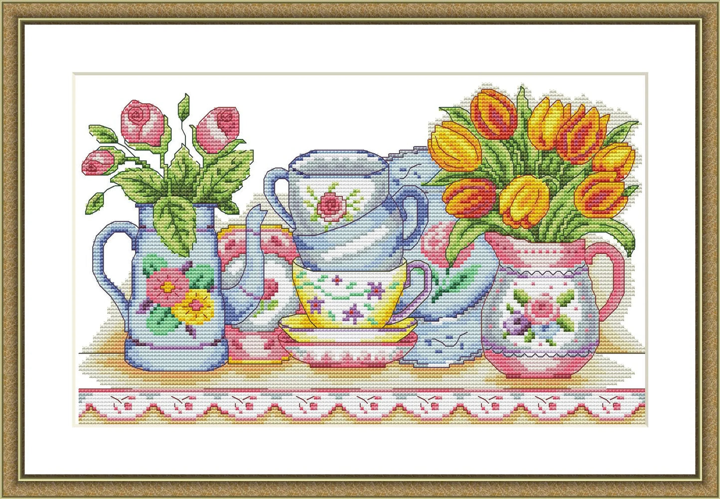 Tea service Cross Stitch Pattern Bouquet of spring flowers Kitchen Still Life Modern Decor Pattern Cups Napkins Embroidery Needlepoint chart