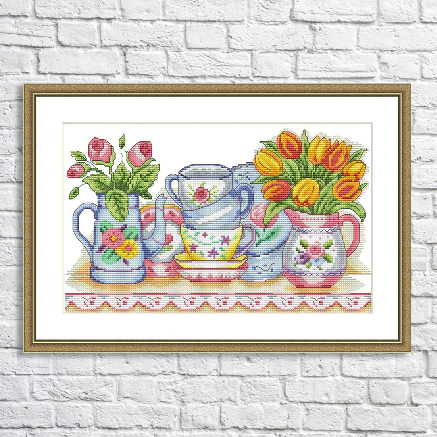 Tea service Cross Stitch Pattern Bouquet of spring flowers Kitchen Still Life Modern Decor Pattern Cups Napkins Embroidery Needlepoint chart