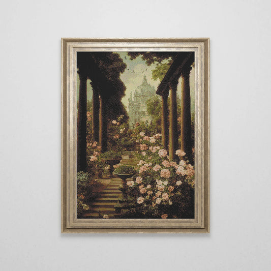Victorian Rose Garden Cross Stitch Pattern | Vintage Botanical Cross Stitch Chart | Landscape Cross Stitch Art | Unique Cross Stitch