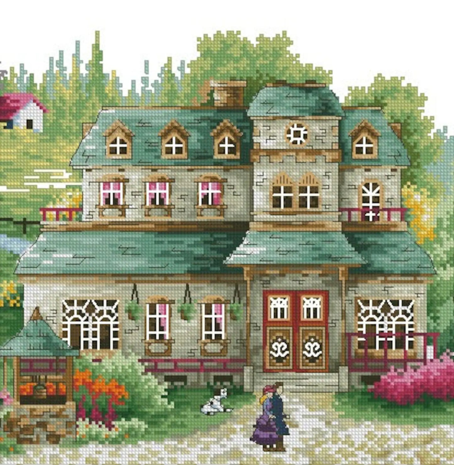 Village Cross Stitch Pattern,Green Village,Victorian Style,Counted cross stitch,Pattern Keeper,Pdf,Instant Download