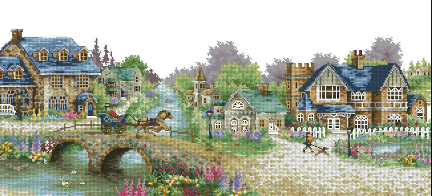 Village Cross Stitch Pattern,Green Village,Victorian Style,Counted cross stitch,Pattern Keeper,Pdf,Instant Download