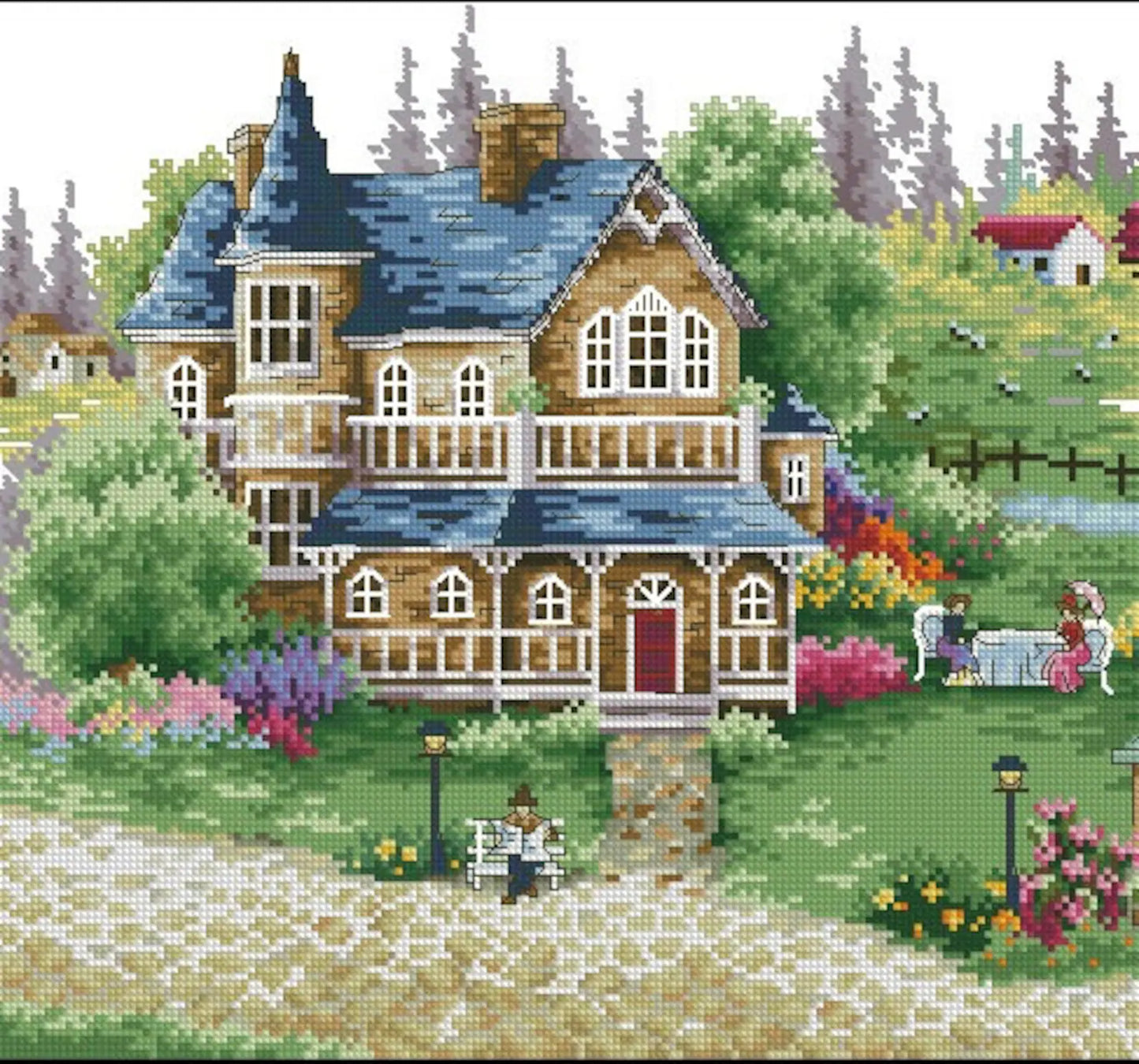 Village Cross Stitch Pattern,Green Village,Victorian Style,Counted cross stitch,Pattern Keeper,Pdf,Instant Download