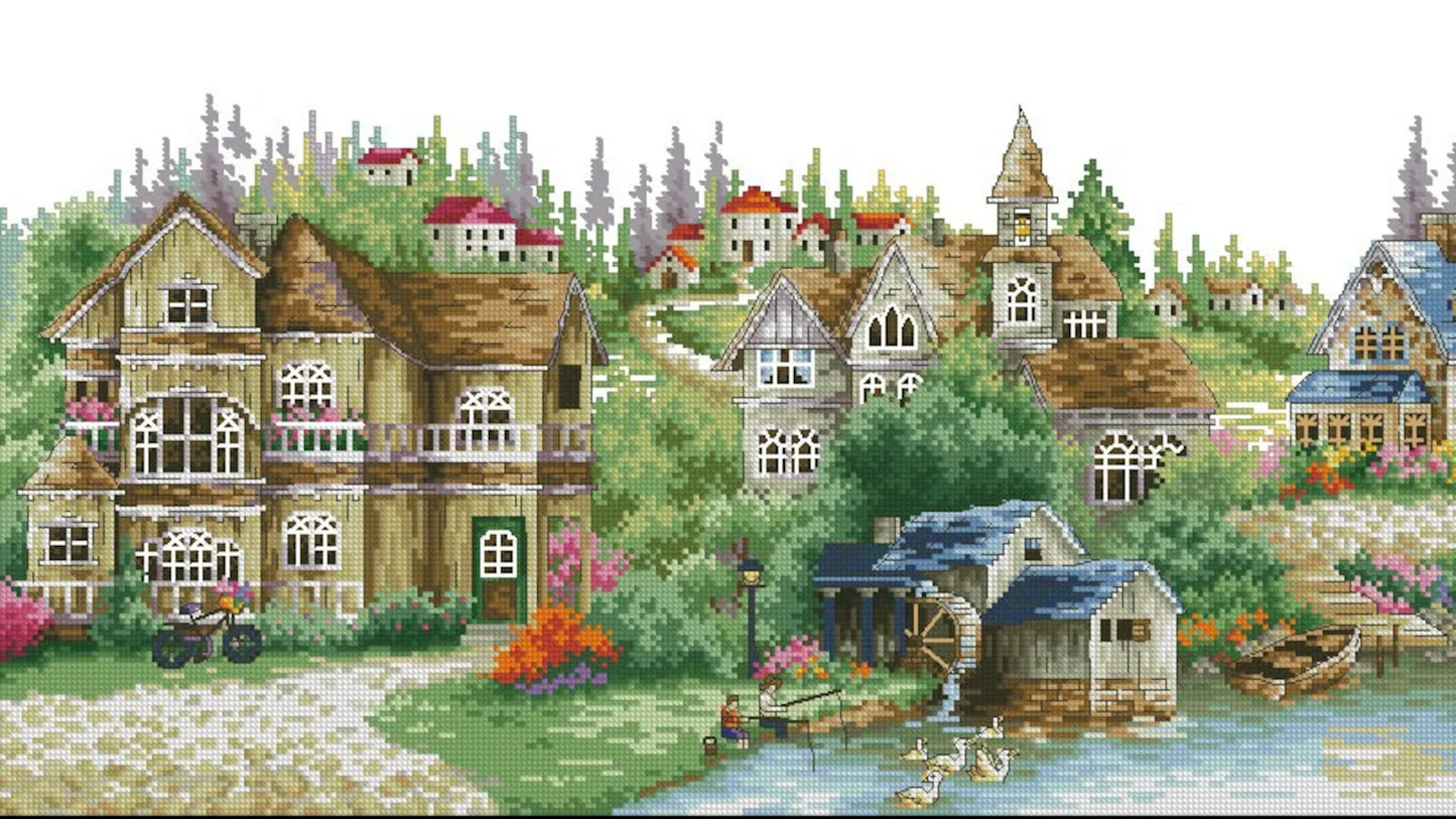 Village Cross Stitch Pattern,Green Village,Victorian Style,Counted cross stitch,Pattern Keeper,Pdf,Instant Download