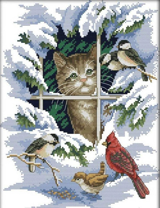 Winter landscape cross stitch pattern, cat in the snow cross stitch, cat with birds cross stitch pattern, birds in snow