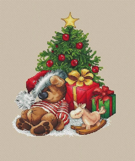 New year tree cross stitch pattern, new year gifts cross stitch, teddy bear with new year tree cross stitch, christmas cross stitch