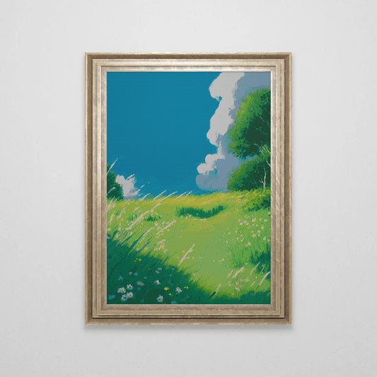 Ghibli inspired Meadow Cross Stitch Pattern | Landscape Cross Stitch Chart Download | Nature Cross Stitch | Anime Cross Stitch PDF