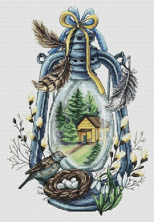 Lantern cross stitch pattern, christmas landscape cross stitch, christmas lantern cross stitch, house in the woods cross stitch
