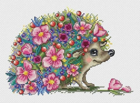 Hedgehog cross stitch pattern, animal cross stitch pattern, hedgehog and flowers cross stitch pattern