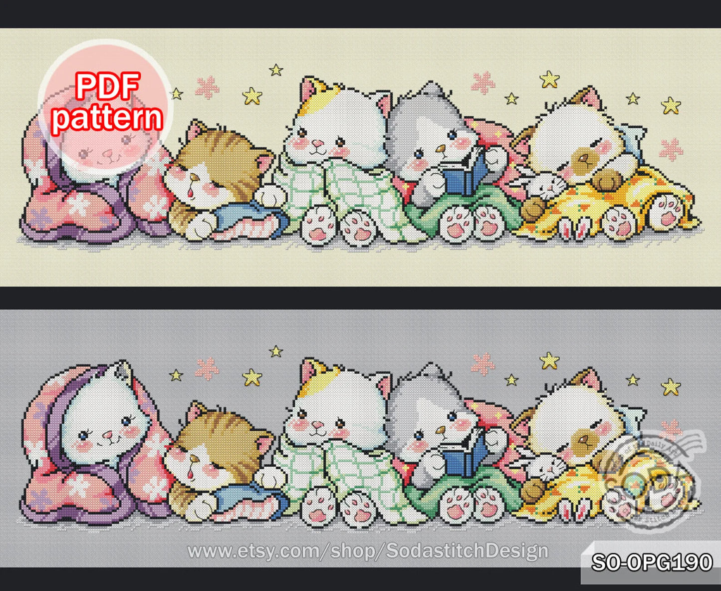 Cross Stitch Pattern pdf Cats Kitty Kitten Cute Animal Modern Instant pdf Download Counted,SO-OPG190 'Cats of the Night'