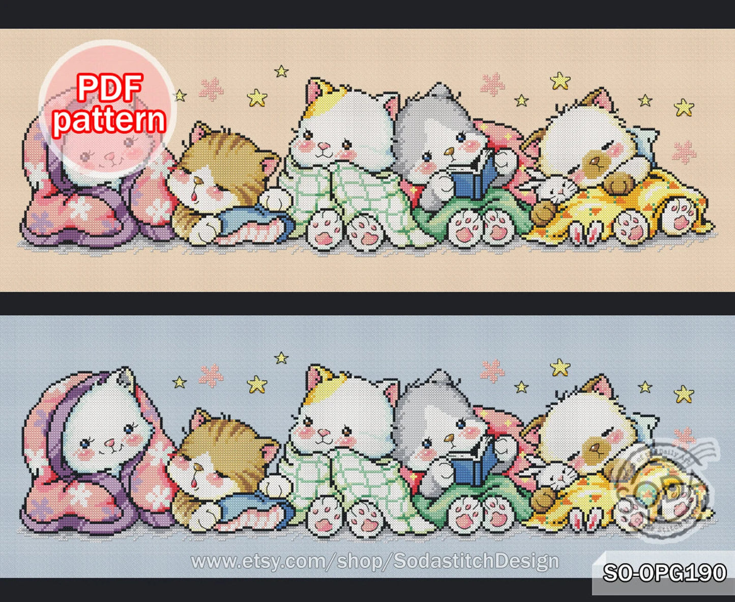 Cross Stitch Pattern pdf Cats Kitty Kitten Cute Animal Modern Instant pdf Download Counted,SO-OPG190 'Cats of the Night'