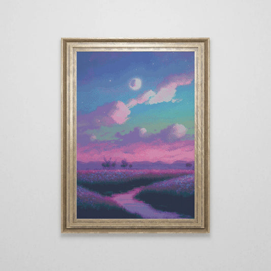 Lavender Landscape Cross Stitch Pattern | Lofi Moon Cross Stitch Chart Download | Nature Cross Stitch | Large Counted Cross Stitch PDF