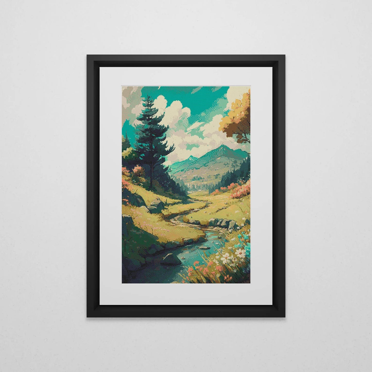 Mountain Meadow Cross Stitch Pattern | Anime Landscape Cross Stitch Chart Download | Nature Cross Stitch | Large Modern Cross Stitch