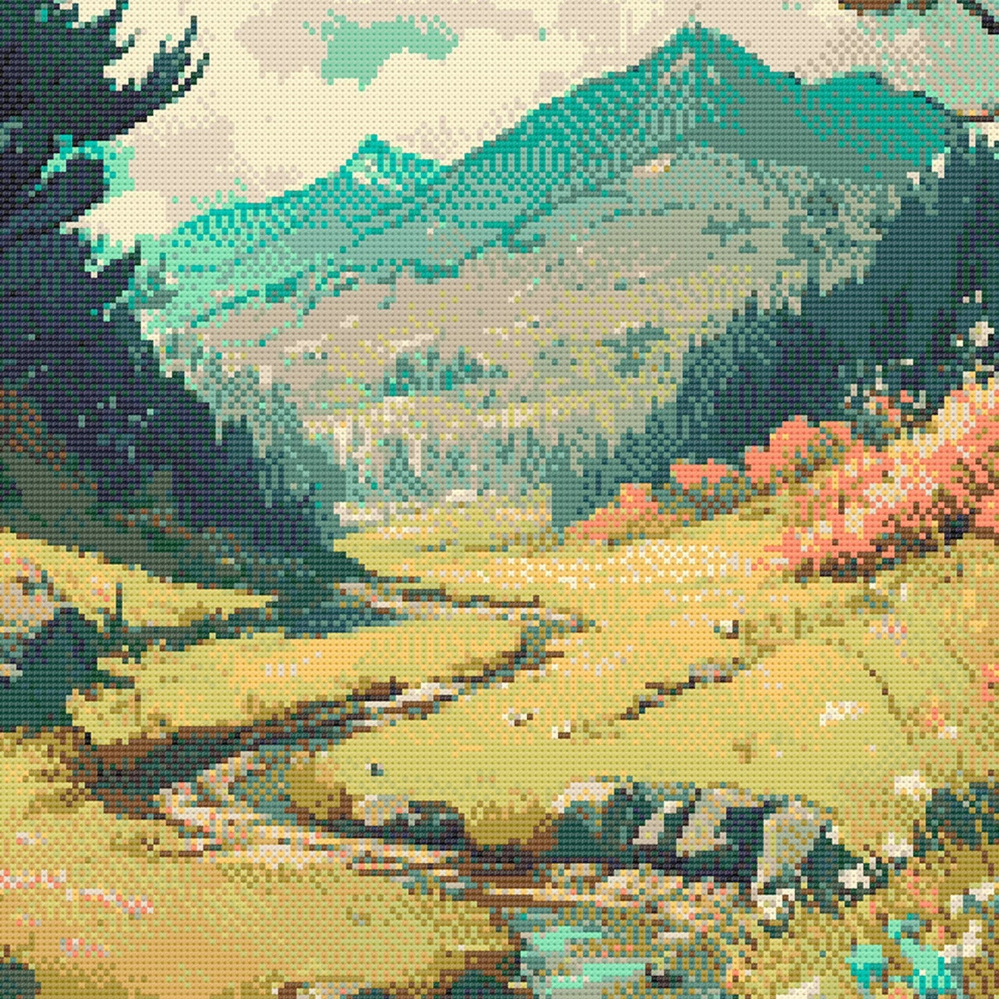 Mountain Meadow Cross Stitch Pattern | Anime Landscape Cross Stitch Chart Download | Nature Cross Stitch | Large Modern Cross Stitch