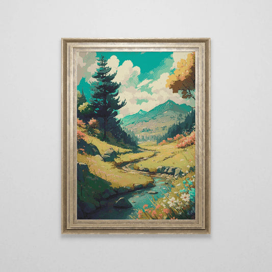 Mountain Meadow Cross Stitch Pattern | Anime Landscape Cross Stitch Chart Download | Nature Cross Stitch | Large Modern Cross Stitch