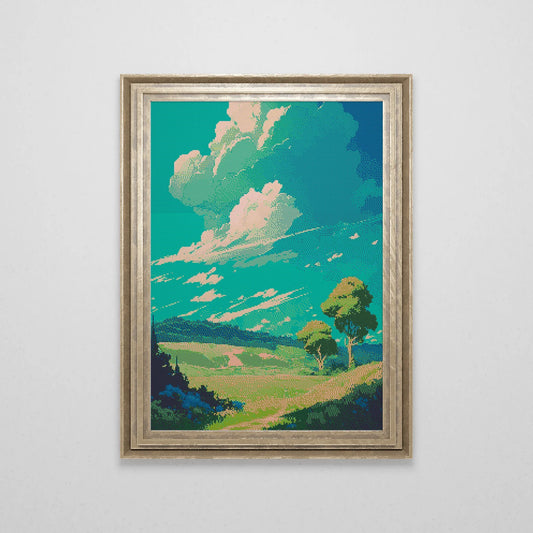 Ghibli inspired Meadow Cross Stitch Pattern | Landscape Cross Stitch Chart Download | Nature Cross Stitch | Anime Cross Stitch PDF