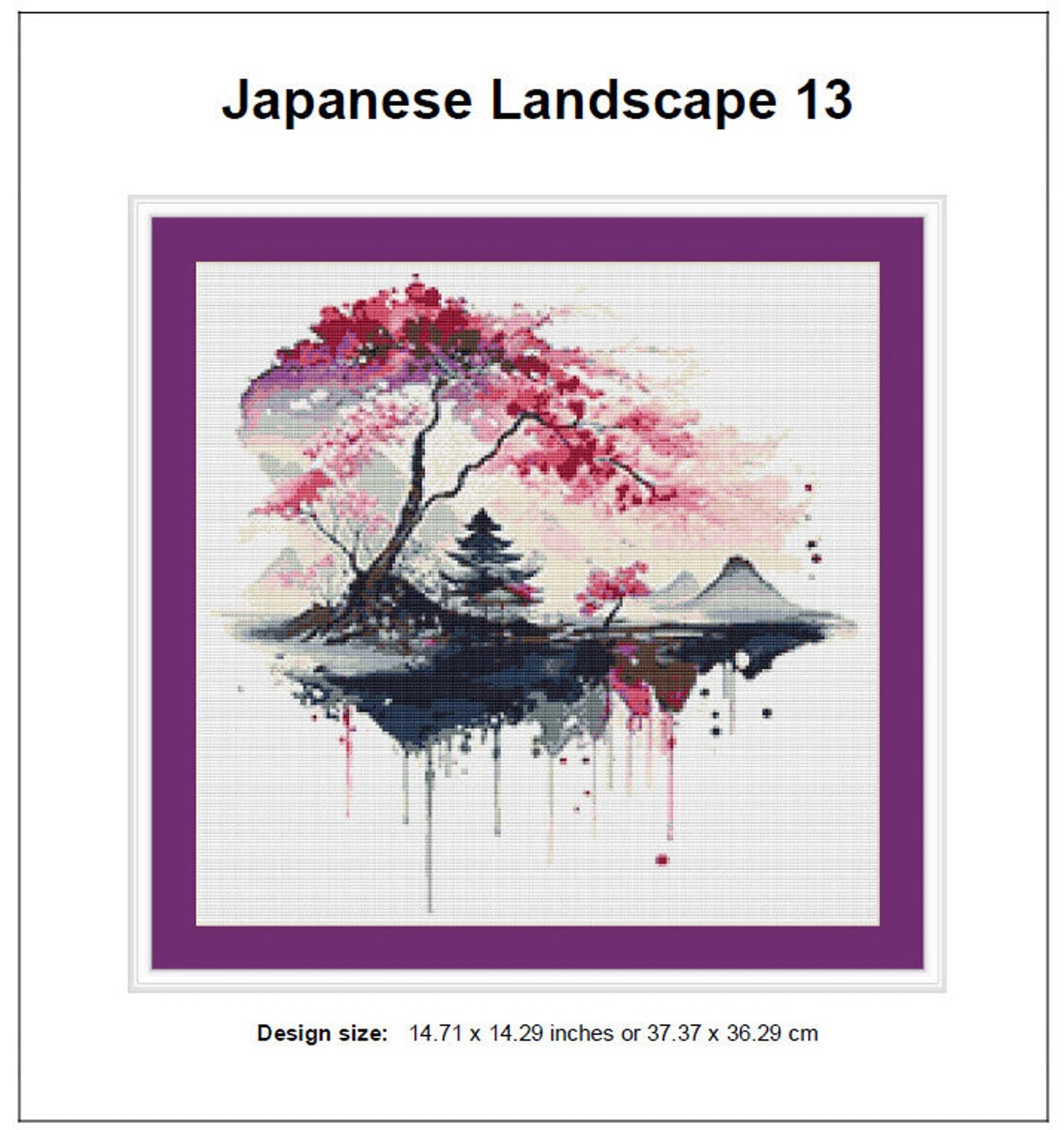 Japanese Landscape Cross Stitch Pattern 13 Instant PDF Download - Cherry Blossom Tree Watercolor Cross Stitch Pattern - Japan Cross Stitch