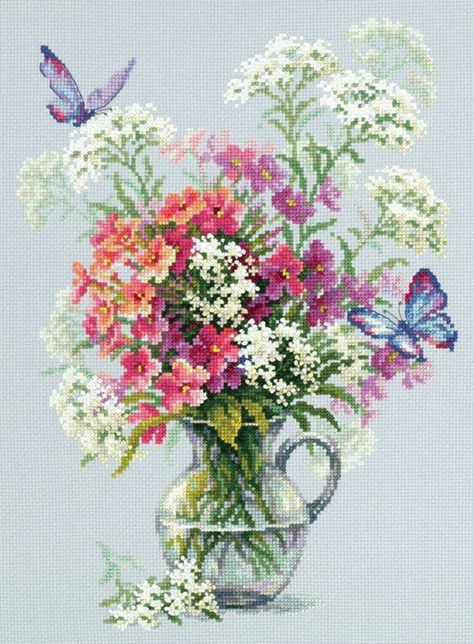 Flowers and butterfly cross stitch pattern, flowers in vase cross stitch pattern, spring flowers and butterflies cross stitch pattern