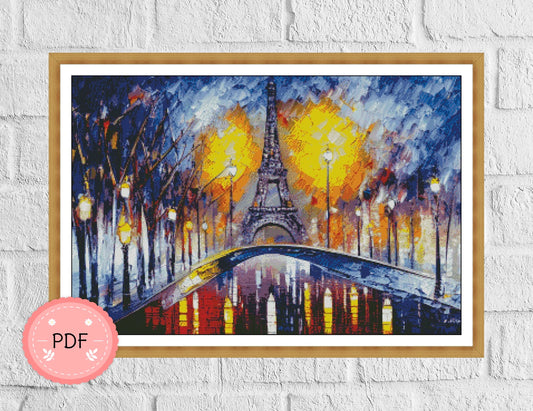 Paris Cross Stitch Pattern ,Eiffel Tower,Colorful Paris Painting, Pdf Instant Download , France Cityscape, X Stitch Chart,French