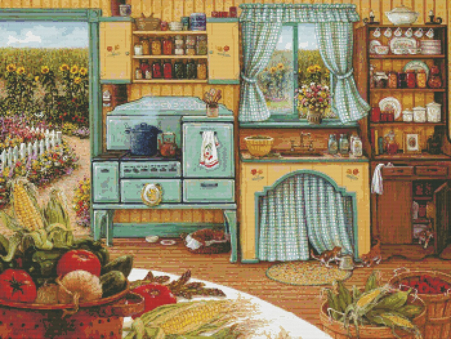 Grandma's kitchen Still Life Cross Stitch Pattern Digital Pattern Decor Wild Flowers Pattern Bouquet Embroidery Needlepoint Chart Download