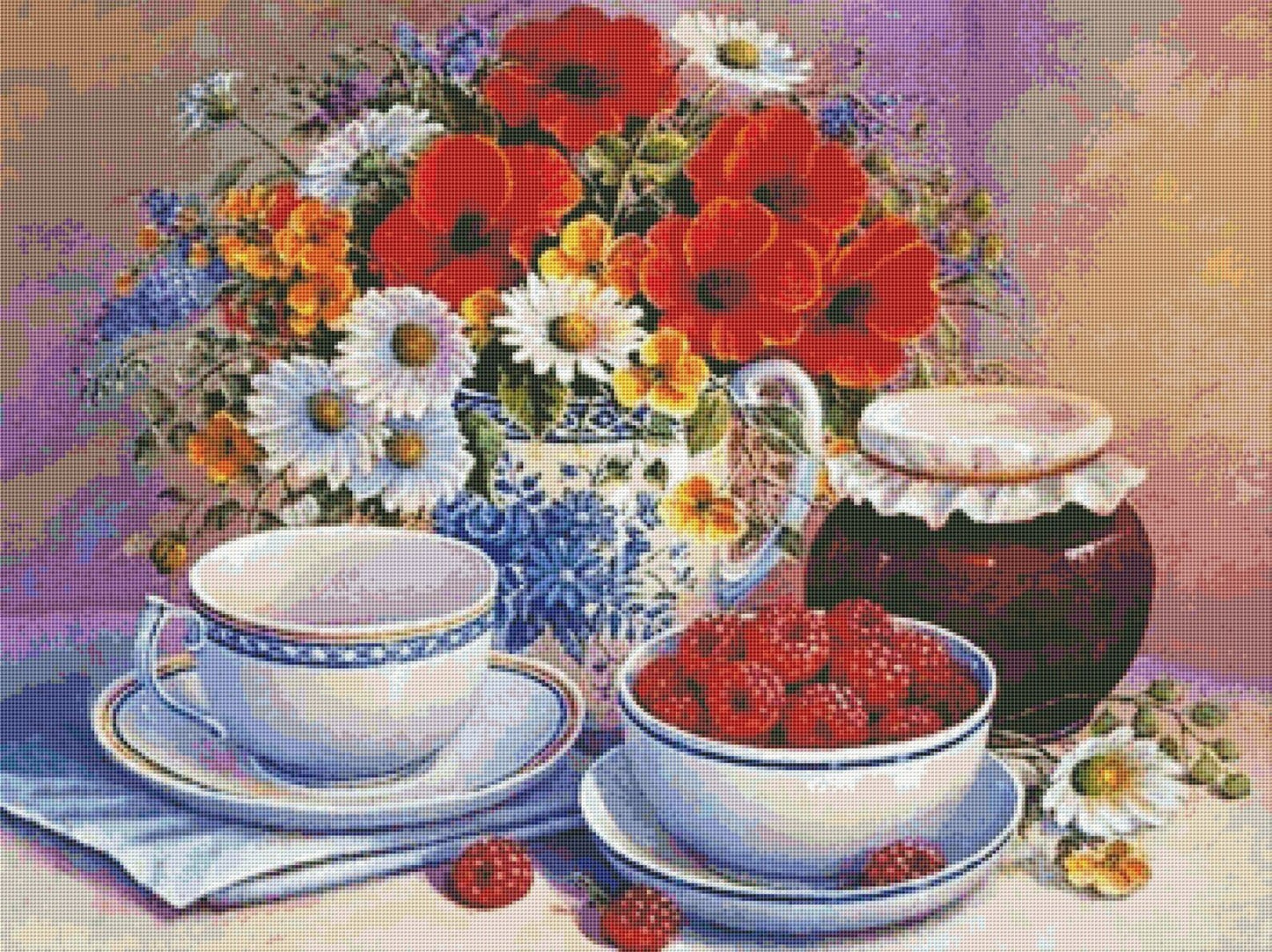 Summer tea party Cross Stitch Pattern Still Life Pattern Wild Flowers Pattern Raspberry Jam Poppies Bouquet Kitchen Teapot Needlepoint