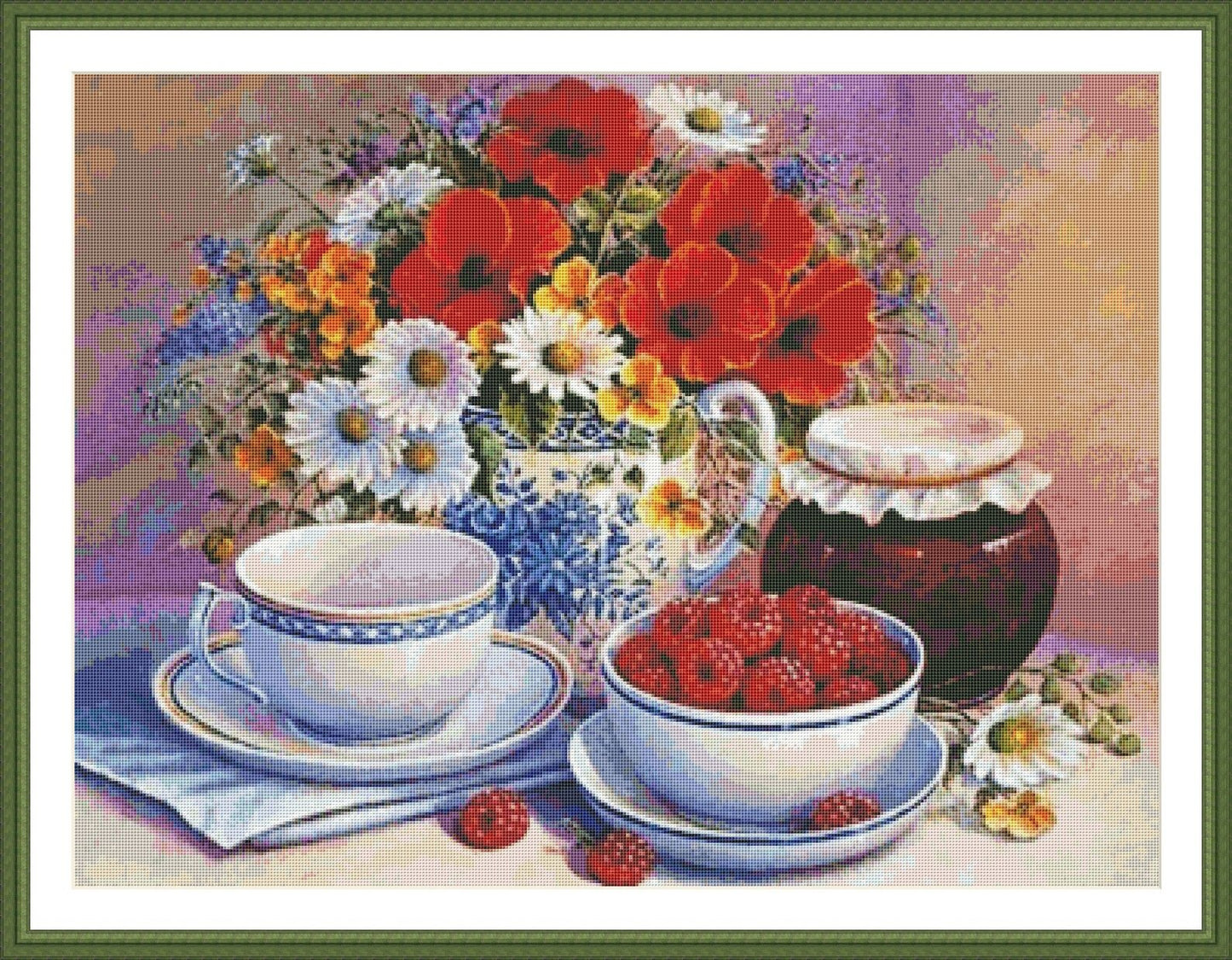 Summer tea party Cross Stitch Pattern Still Life Pattern Wild Flowers Pattern Raspberry Jam Poppies Bouquet Kitchen Teapot Needlepoint