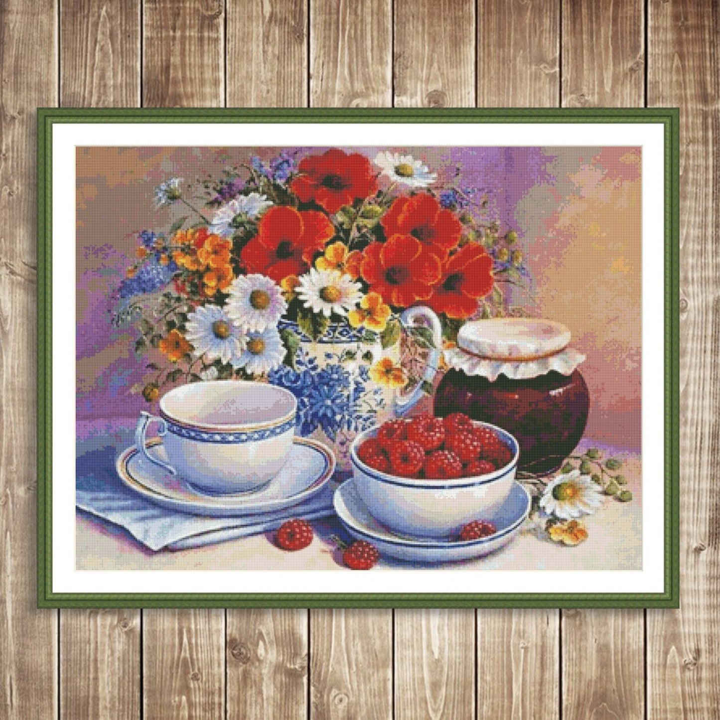 Summer tea party Cross Stitch Pattern Still Life Pattern Wild Flowers Pattern Raspberry Jam Poppies Bouquet Kitchen Teapot Needlepoint