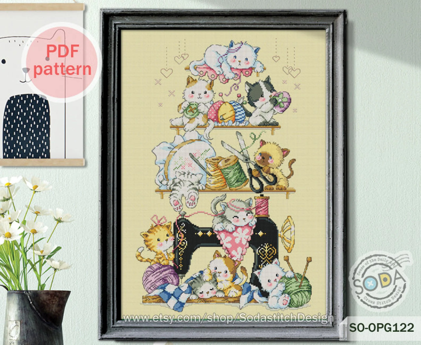 Cross Stitch Pattern pdf Kitten Cat Kitty Cute Animal Modern Instant pdf Download Counted,SO-OPG122 'Sewing Cats'