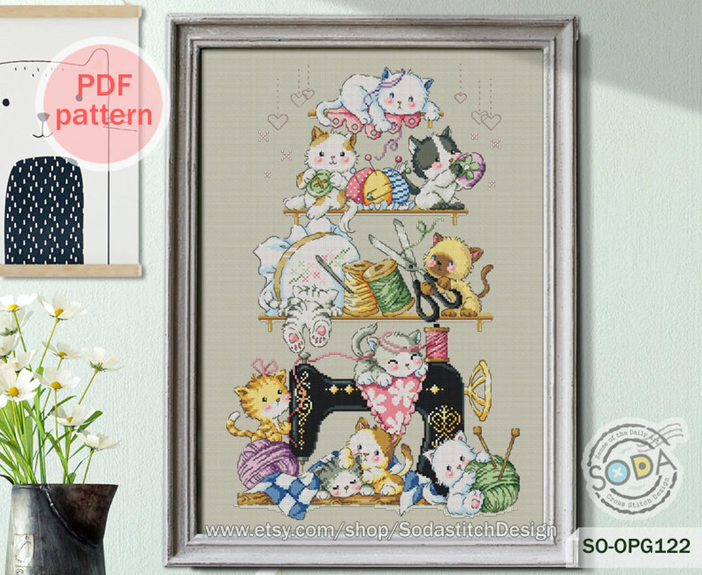 Cross Stitch Pattern pdf Kitten Cat Kitty Cute Animal Modern Instant pdf Download Counted,SO-OPG122 'Sewing Cats'