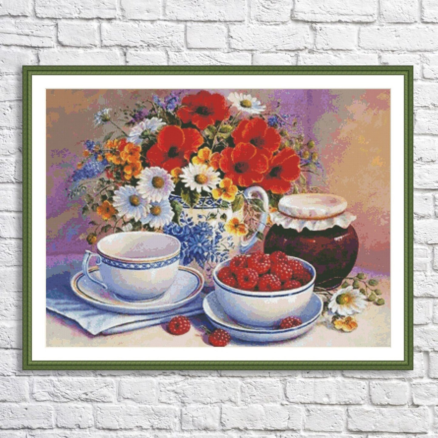 Summer tea party Cross Stitch Pattern Still Life Pattern Wild Flowers Pattern Raspberry Jam Poppies Bouquet Kitchen Teapot Needlepoint