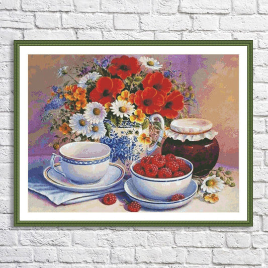 Summer tea party Cross Stitch Pattern Still Life Pattern Wild Flowers Pattern Raspberry Jam Poppies Bouquet Kitchen Teapot Needlepoint