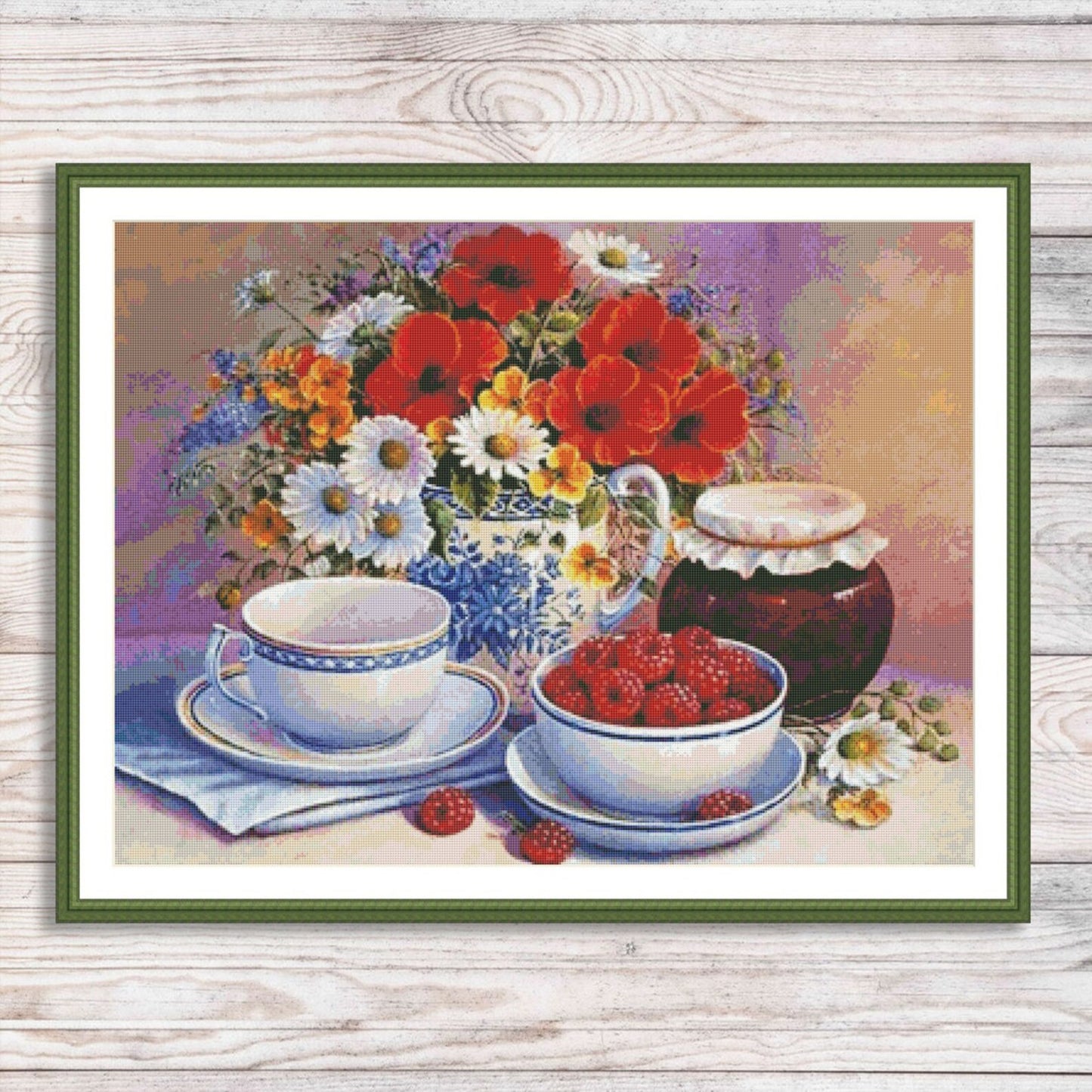 Summer tea party Cross Stitch Pattern Still Life Pattern Wild Flowers Pattern Raspberry Jam Poppies Bouquet Kitchen Teapot Needlepoint