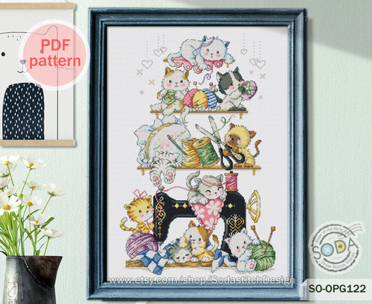Cross Stitch Pattern pdf Kitten Cat Kitty Cute Animal Modern Instant pdf Download Counted,SO-OPG122 'Sewing Cats'