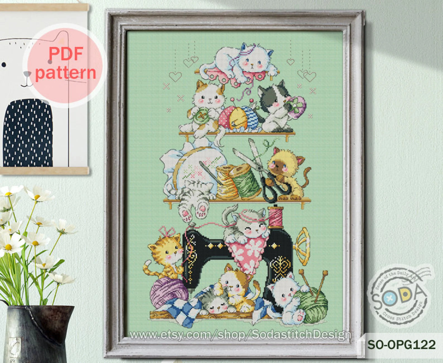 Cross Stitch Pattern pdf Kitten Cat Kitty Cute Animal Modern Instant pdf Download Counted,SO-OPG122 'Sewing Cats'