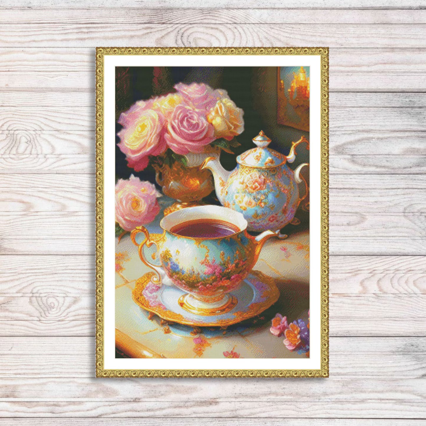 Royal tea set Cross Stitch Pattern Tea service Bouquet of flowers Kitchen Still Life Modern Decor Pattern Cups Napkins Embroidery Needlework