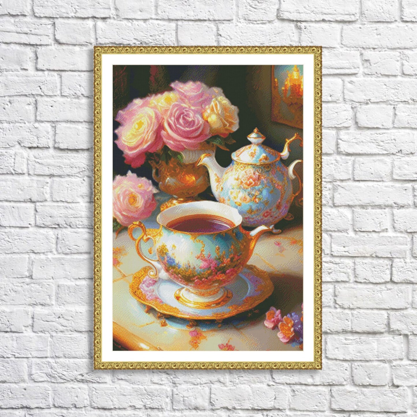 Royal tea set Cross Stitch Pattern Tea service Bouquet of flowers Kitchen Still Life Modern Decor Pattern Cups Napkins Embroidery Needlework