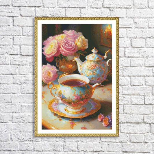 Royal tea set Cross Stitch Pattern Tea service Bouquet of flowers Kitchen Still Life Modern Decor Pattern Cups Napkins Embroidery Needlework