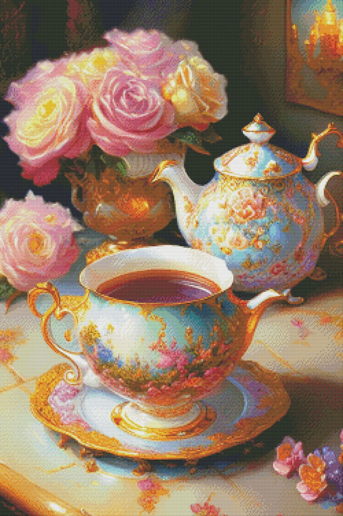 Royal tea set Cross Stitch Pattern Tea service Bouquet of flowers Kitchen Still Life Modern Decor Pattern Cups Napkins Embroidery Needlework