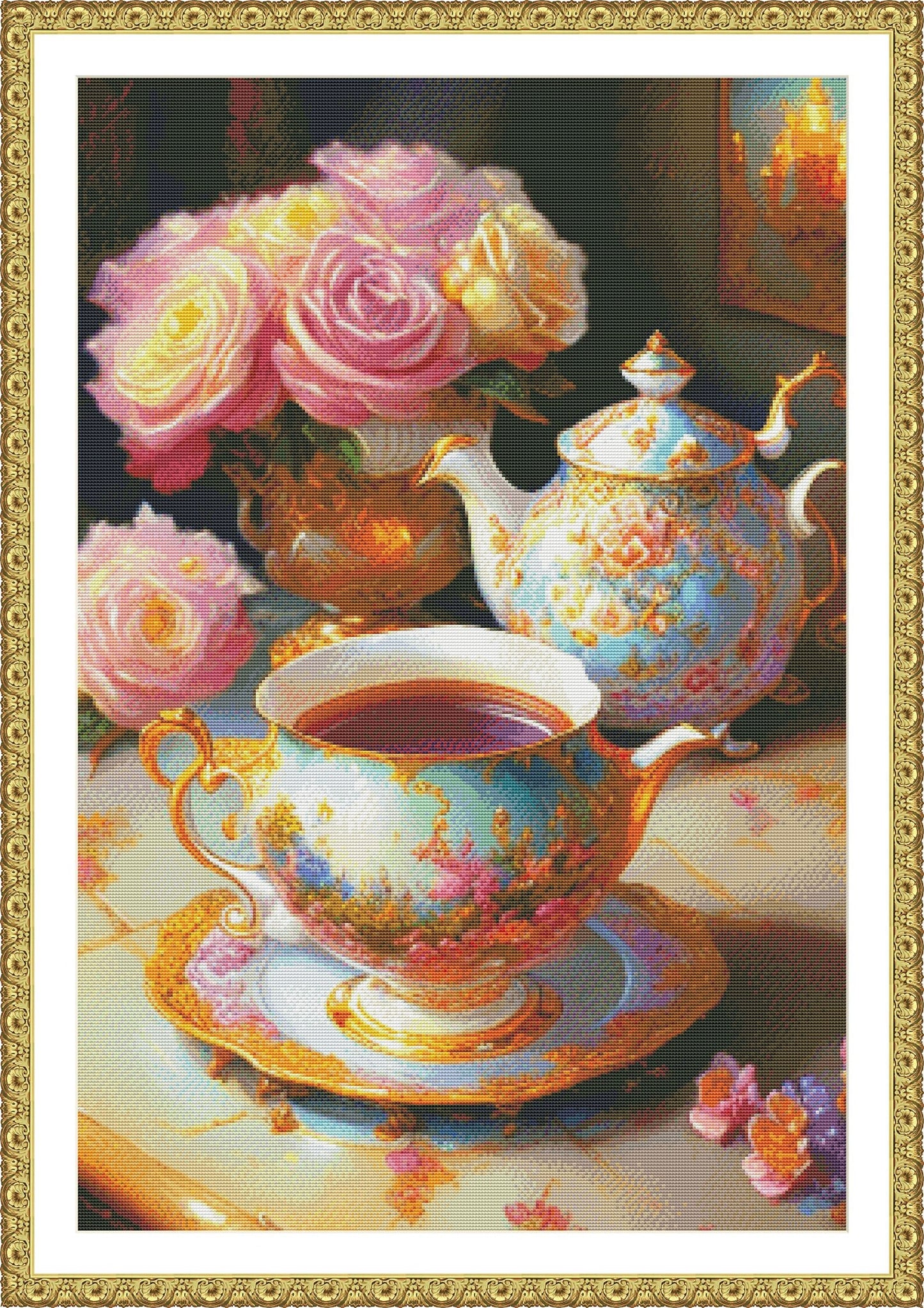Royal tea set Cross Stitch Pattern Tea service Bouquet of flowers Kitchen Still Life Modern Decor Pattern Cups Napkins Embroidery Needlework
