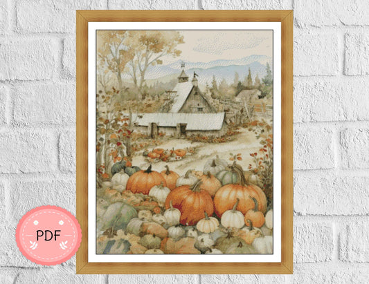 Cross Stitch Pattern ,Watercolor, Autumn Pumpkin Field,Vintage Design,Retro Inspiration,Instant Download