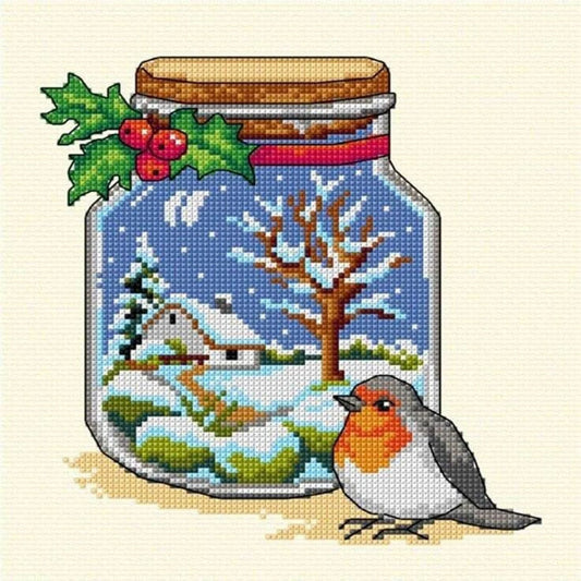 Winter in the jar cross stitch pattern, bird cross stitch pattern, winter landscape cross stitch, winter in the village cross stitch