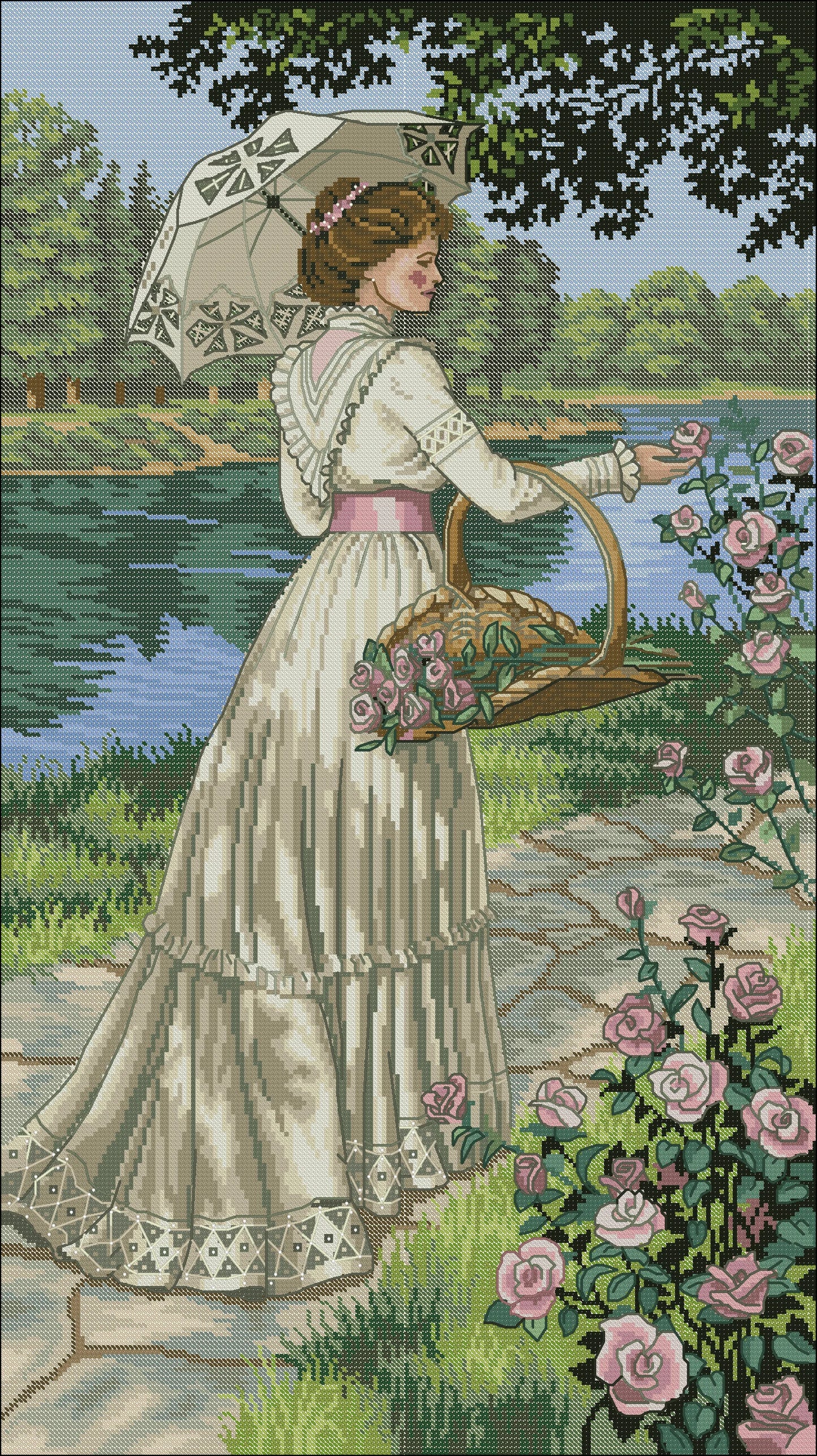 Summer Stroll, Cross Stitch Pattern, Digital Pattern PDF, Modern Decor, Woman with a bouquet, Floral Pattern, Hand Needlepoint Chart