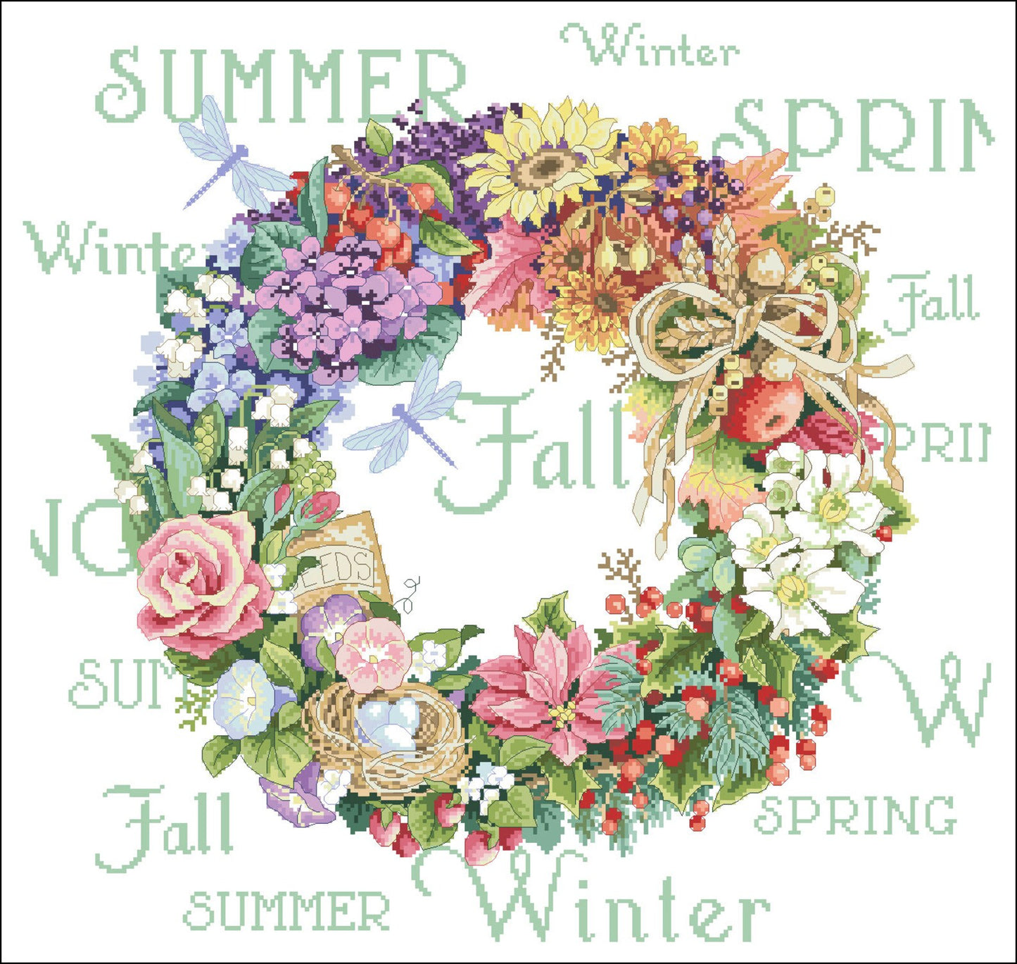 Cross stitch pattern Four Seasons Wreath, floral cross stitch, nature embroidery, flower cross stitch, digital PDF file,vintage cross stitch