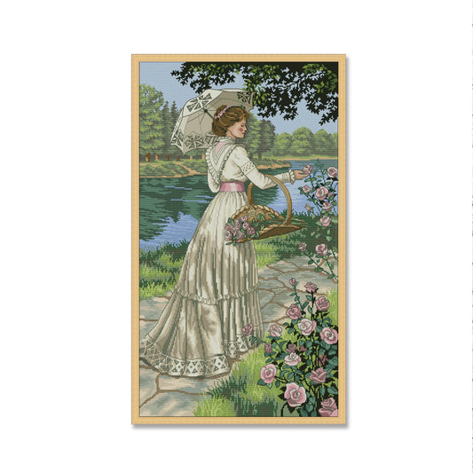 Summer Stroll, Cross Stitch Pattern, Digital Pattern PDF, Modern Decor, Woman with a bouquet, Floral Pattern, Hand Needlepoint Chart
