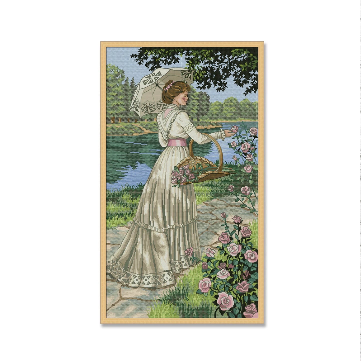 Summer Stroll, Cross Stitch Pattern, Digital Pattern PDF, Modern Decor, Woman with a bouquet, Floral Pattern, Hand Needlepoint Chart
