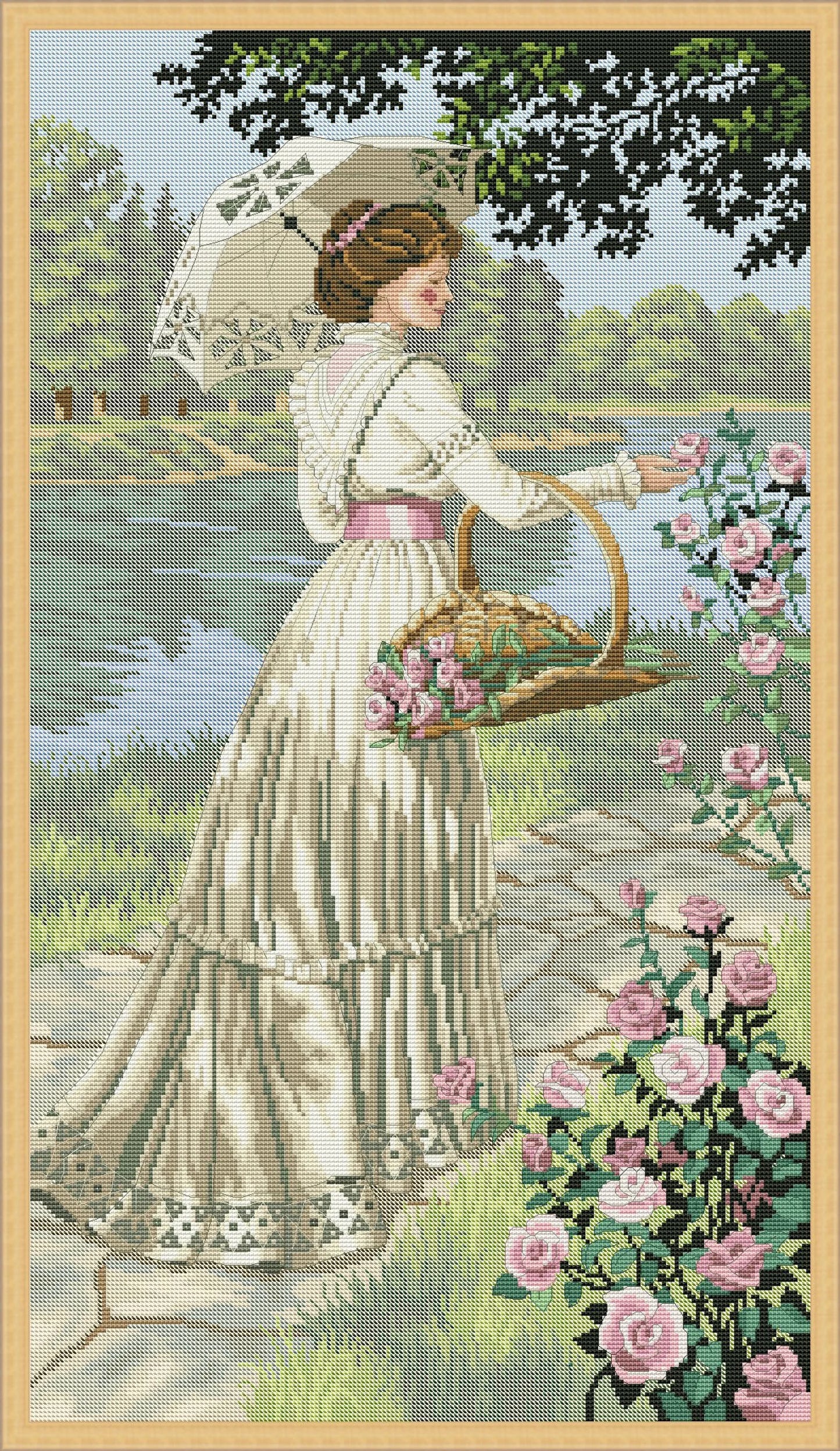 Summer Stroll, Cross Stitch Pattern, Digital Pattern PDF, Modern Decor, Woman with a bouquet, Floral Pattern, Hand Needlepoint Chart
