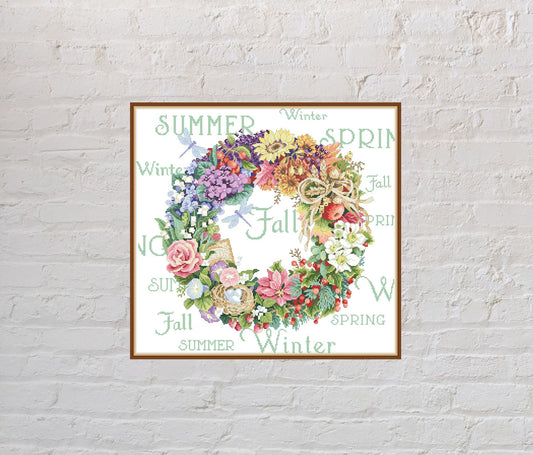 Cross stitch pattern Four Seasons Wreath, floral cross stitch, nature embroidery, flower cross stitch, digital PDF file,vintage cross stitch