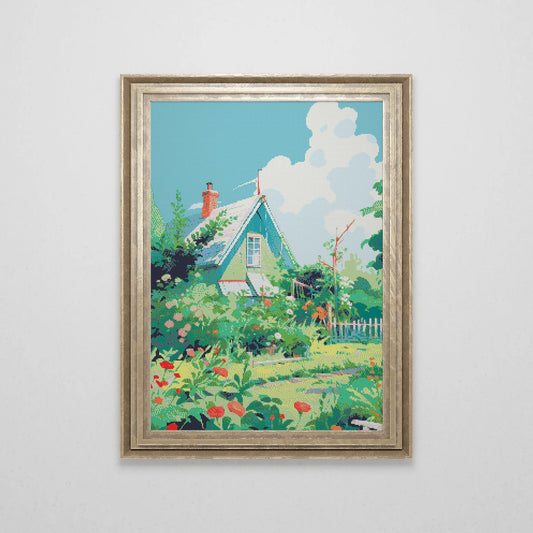 Ghibli inspired Garden Cottage Cross Stitch Pattern | Landscape Cross Stitch Chart Download | Nature Cottagecore | Crossstitch PDF