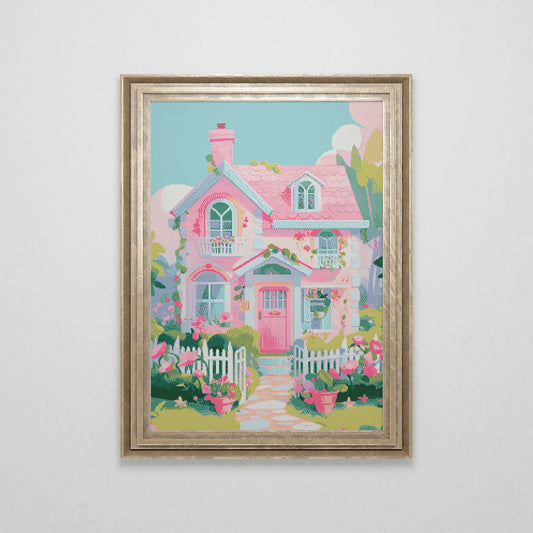 Cute Pink Dollhouse Cross Stitch Pattern | Kawaii Cross Stitch Chart Download | Cottagecore | Modern Aesthetic Cross Stitch | PDF Download