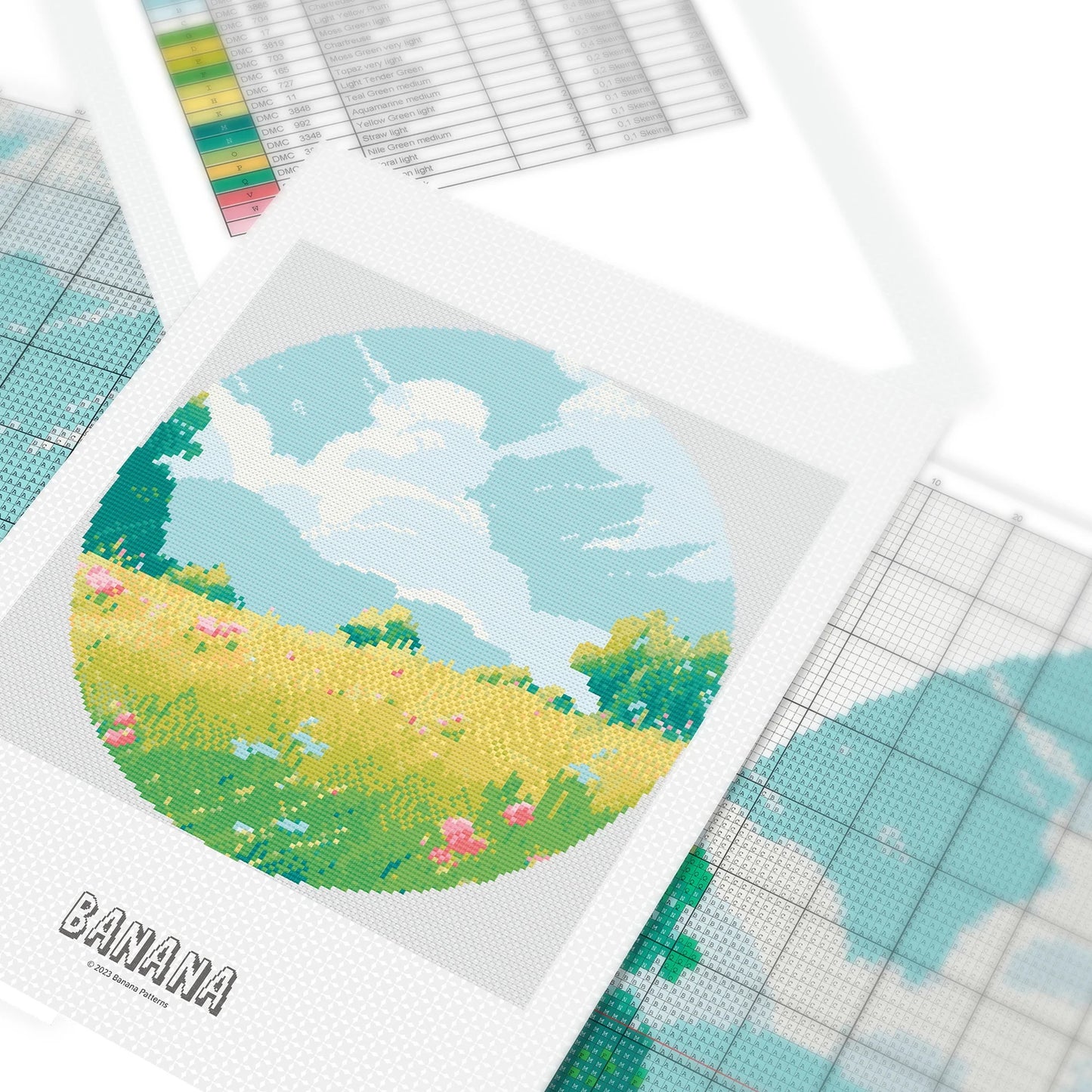 Ghibli inspired Meadow Cross Stitch Pattern | Anime Landscape Cross Stitch Chart Download | Nature Cross Stitch | Large Modern Cross Stitch